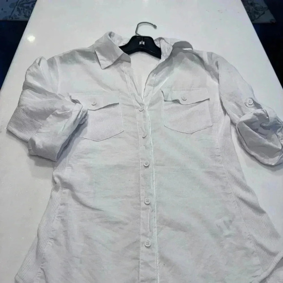 Love Tree Top Womens Button Up Rolled Sleeve Top W/ribbed Accents & Pockets Sz S - Picture 12 of 12
